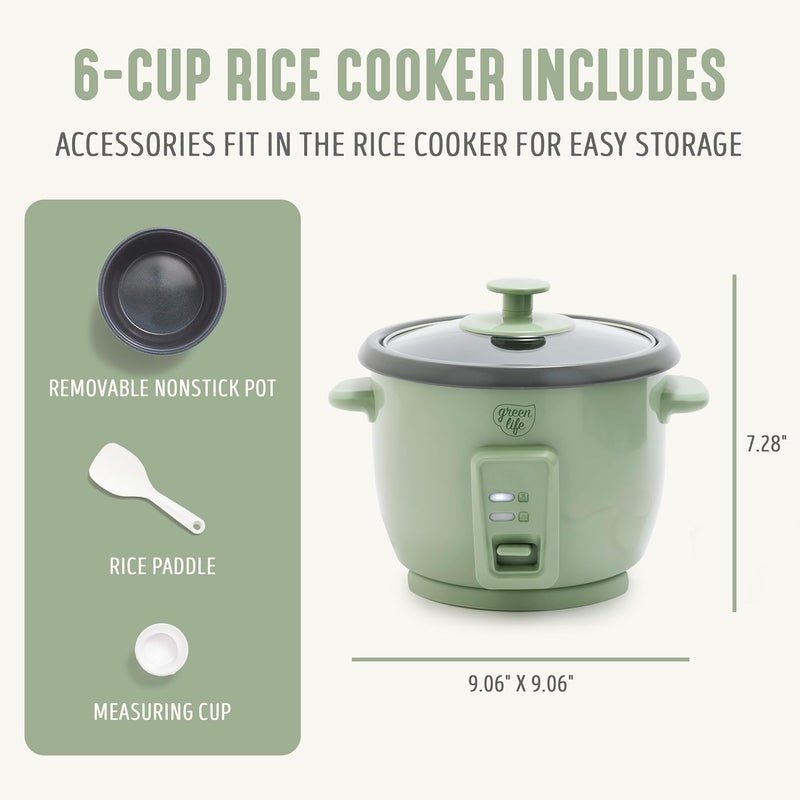 GreenLife Rice Cooker with Removable PFAS-Free Nonstick Pot, 3-Cups Uncooked/6-Cups Cooked, One-Switch Design, Auto Keep Warm Function, Soup, Grains, Oatmeal, Wood Handle, Sage Green - Image 2